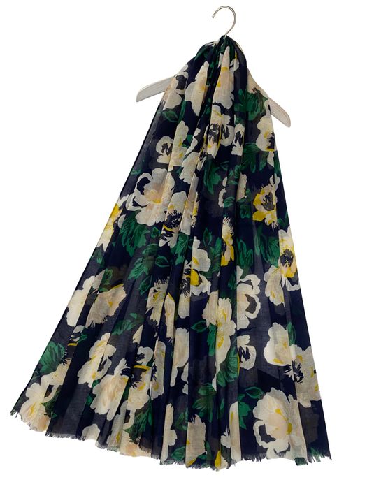 Summer Peony Flower Print Scarf With Frayed Edge / SC-3879